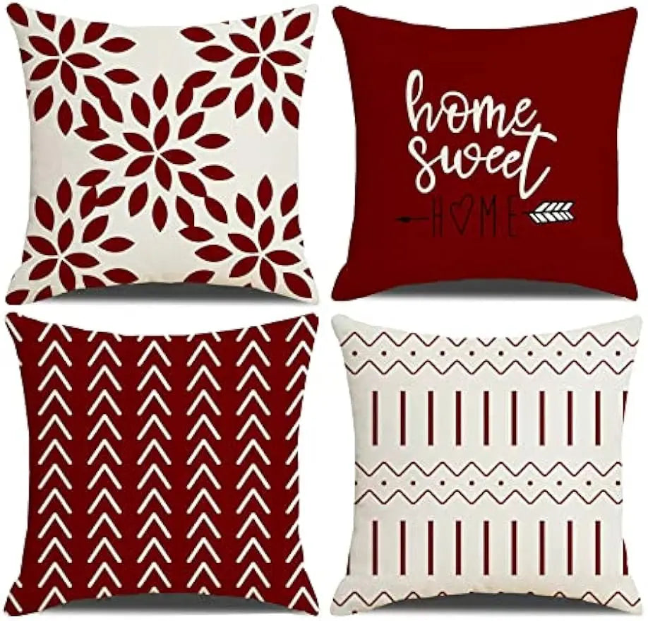 housse coussin carrée rouge motifs géométriques modernes décoration salon canapé fauteuil intérieur maison