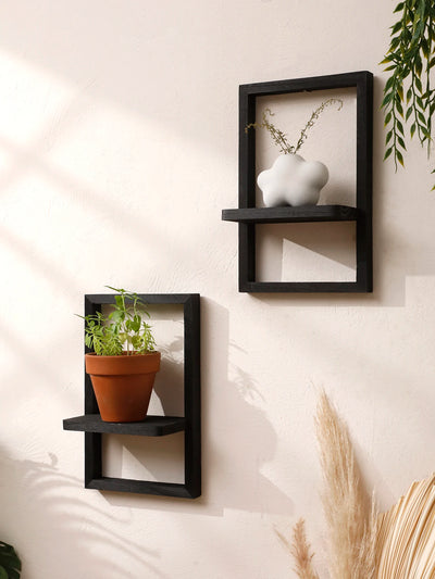 Étagère murale cube bois noir avec plante verte