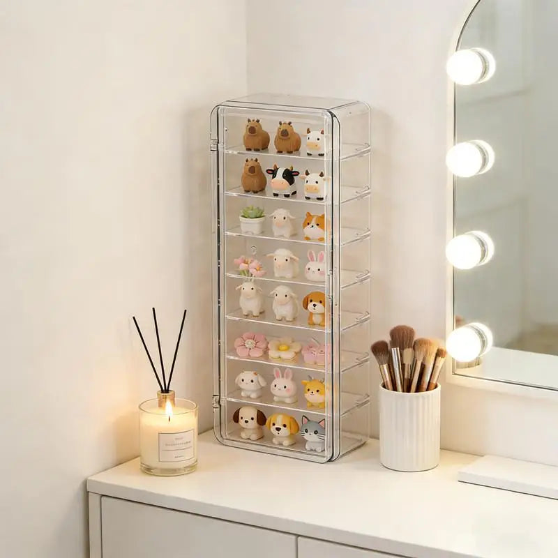 boîte rangement transparente étagères figurines animaux bijoux organisation anti poussière minimaliste