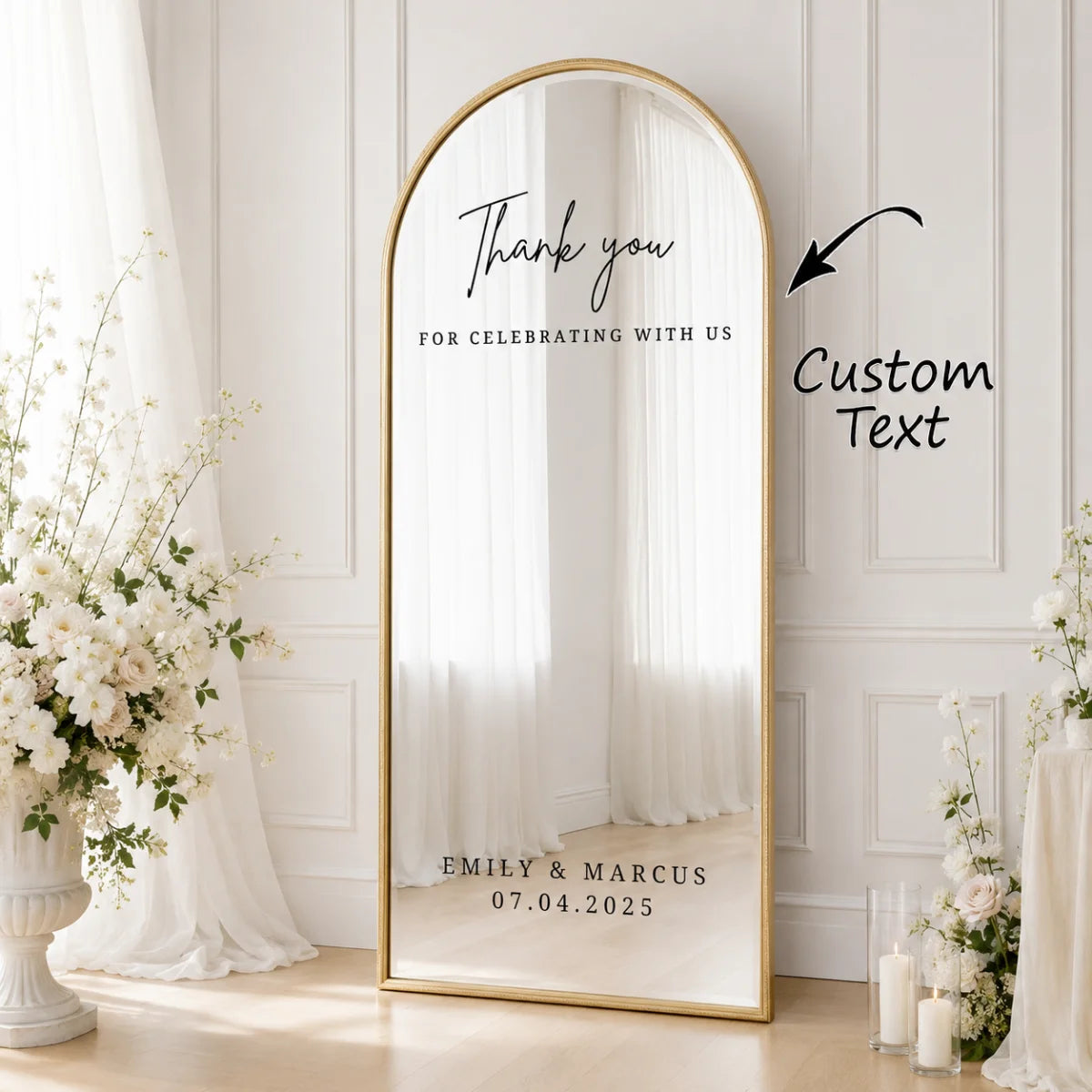 cadre miroir personnalisable moderne élégant noir doré adhésif texte personnalisé fleurs