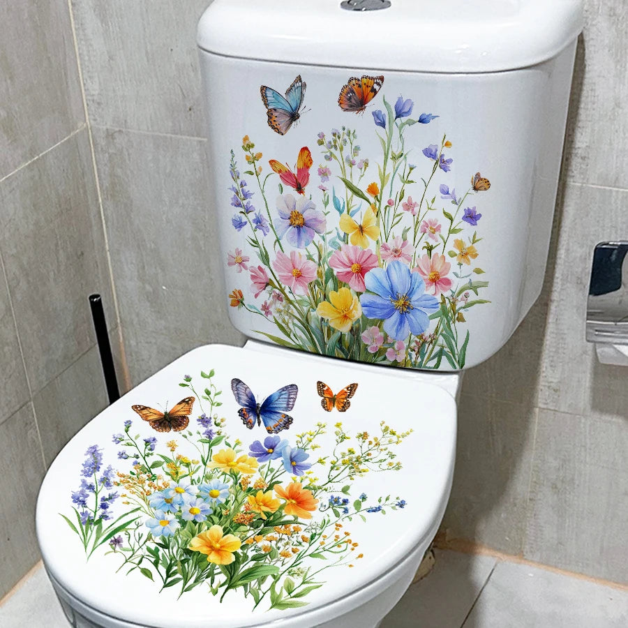 sticker mural fleurs papillons multicolore deco toilette salle bain pvc adhesif classique realiste