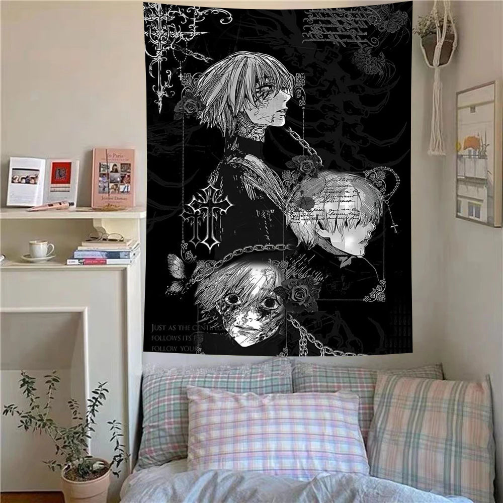 tapisserie murale gothique anime noir blanc décoration chambre esthétique tissu décoratif grand