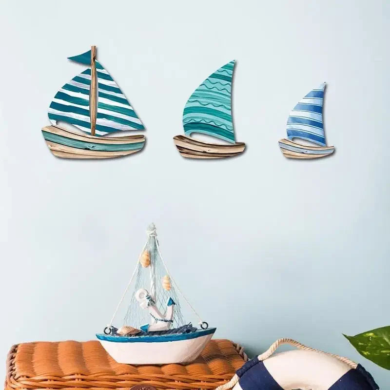 décoration murale marin poissons bateaux coquillages étoiles mer bois bleu blanc beige
