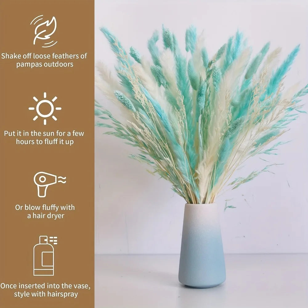 décoration intérieure bouquet pampas bleu blanc naturel vase bougie éléments