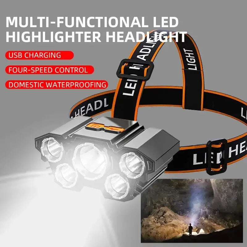 lampe frontale led rechargeable usb noir orange clip camping pêche chasse randonnée haute luminosité