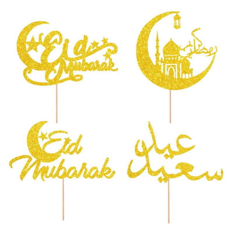 décoration gâteau or argent étoiles lune écriture cursive pique bois fête İslam festive