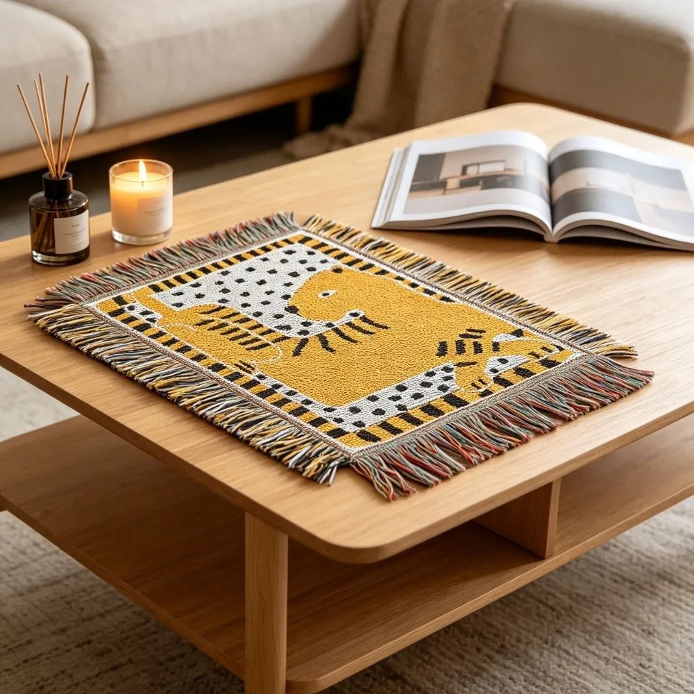 tapis table moderne fleurs stylisées franges bleu blanc noir résistant l'usure ethnique