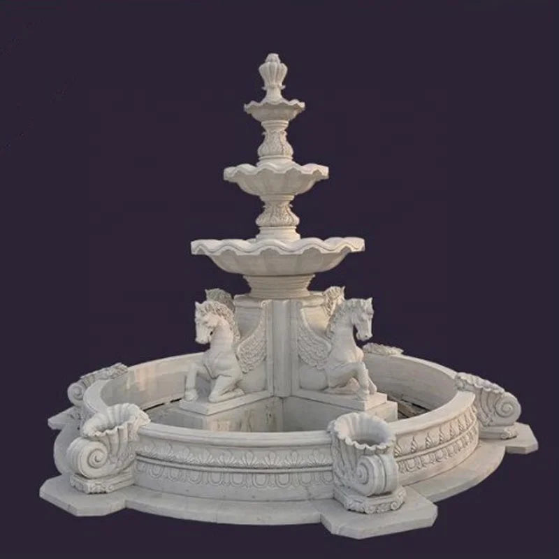 fontaine blanche sculptée motifs floraux animaux classique jardin extérieur ornements décorationextérieur sophistication designunique pierrequalitésupérieure