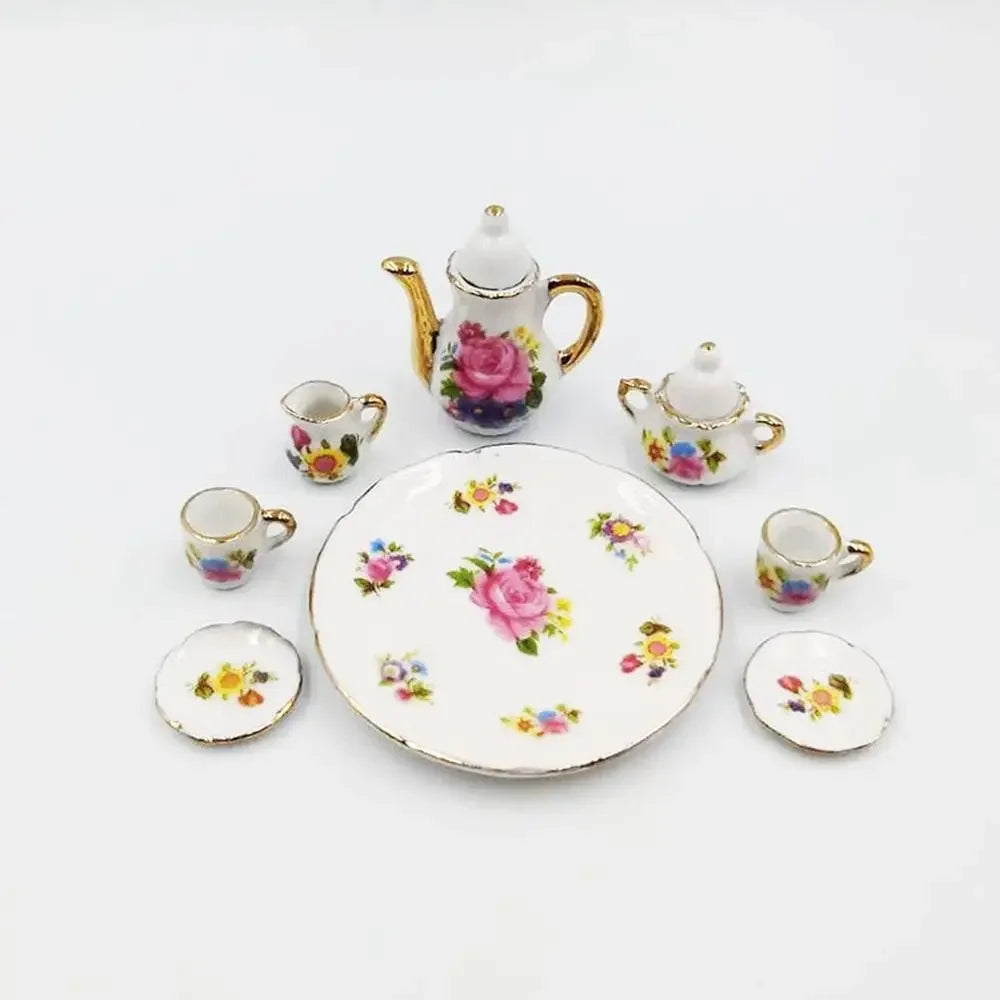 service thé miniature blanc bleu fleurs classique théière crème sucrier tasses assiettes
