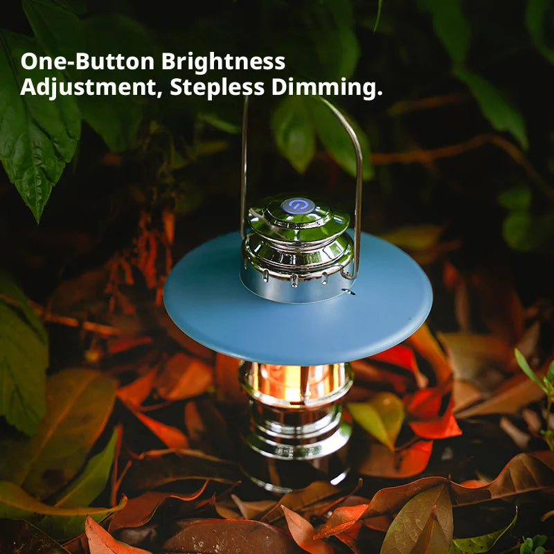 lanterne led vintage portable rechargeable argentée bleue ambiance campingextérieur