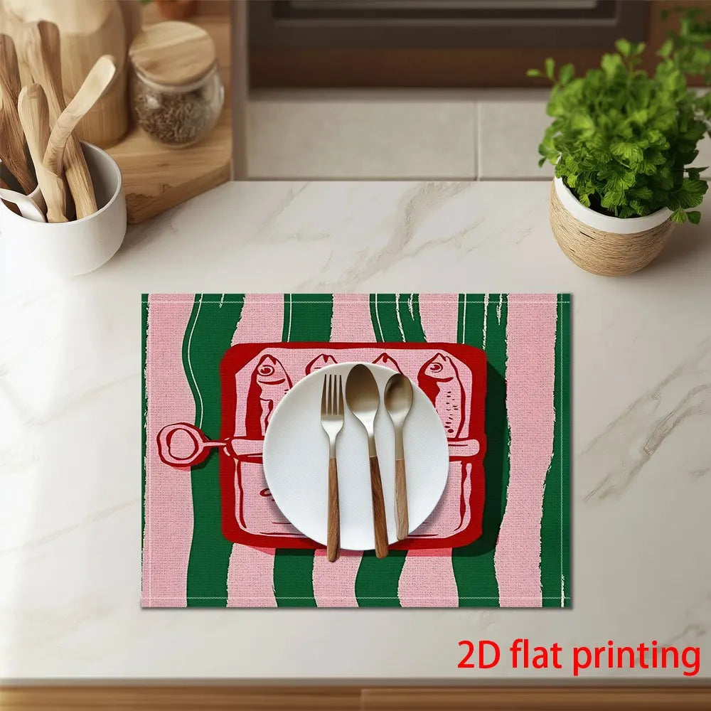 serviette table graphique vintage rayures vertes roses blanches illustration sardines 30x40cm
