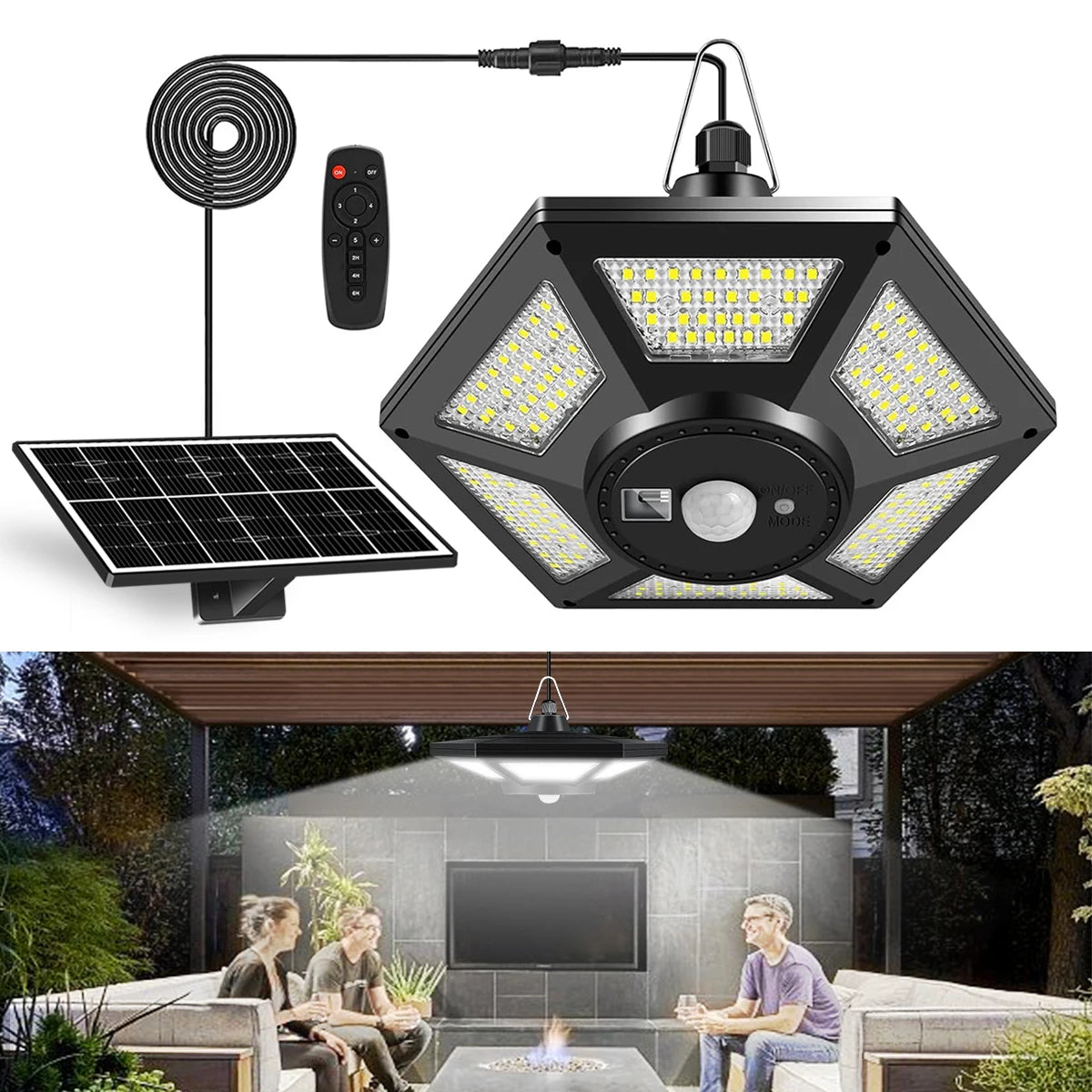 lampe solaire suspendue détecteur mouvement 180 led noir moderne télécommande modes éclairage autonomie ip65