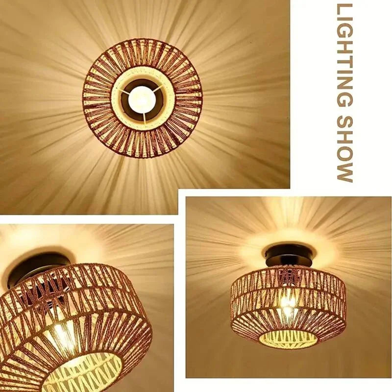 lampe suspendue moderne marron clair tressée naturelle abat jour rotin support métallique noir cuisine