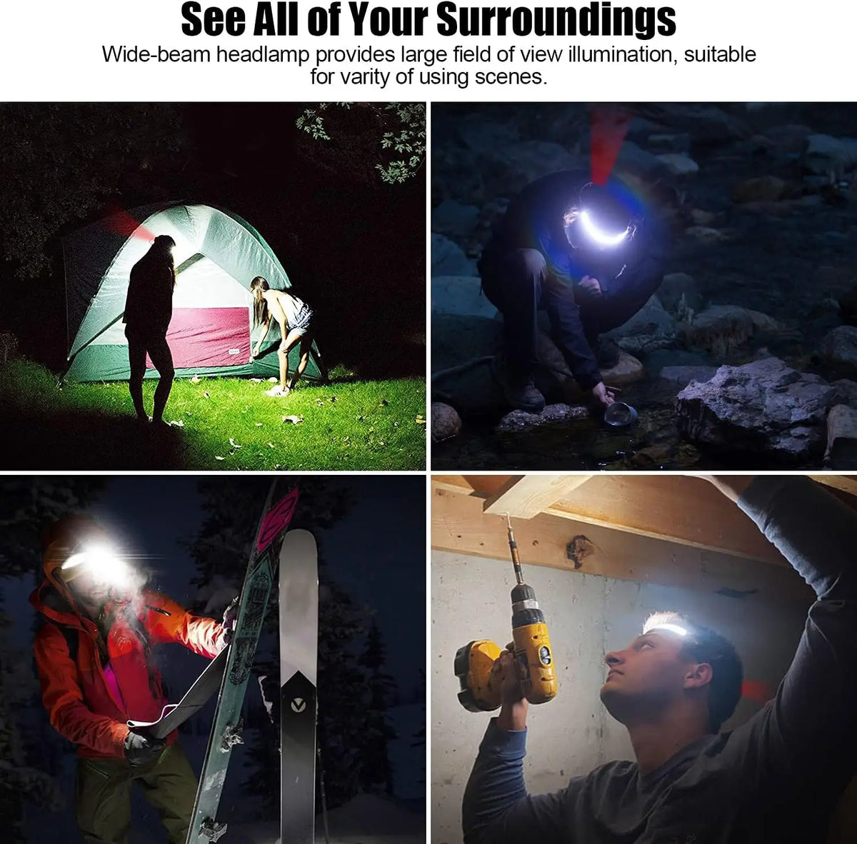 lampe frontale rechargeable led rouge noire texture bois élastique ajustable camping pêche