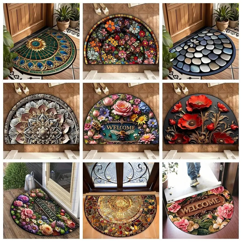 tapis porte demi rond antidérapant motif floral polyester absorbant intérieur extérieur bienvenue déco