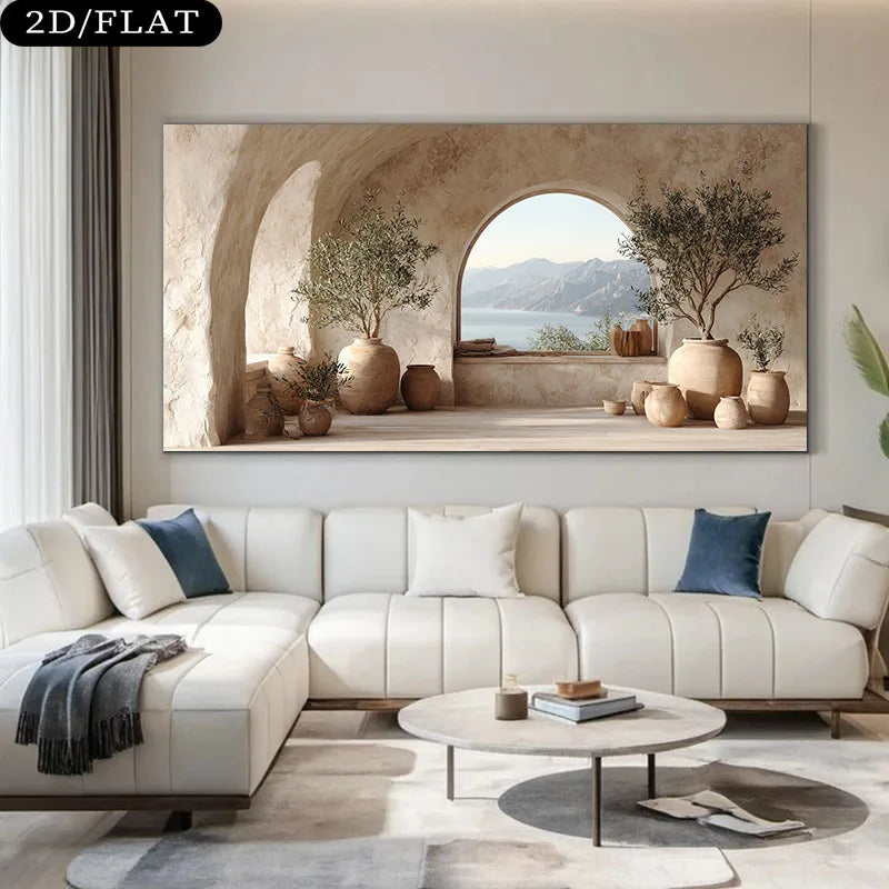 toile d'art moderne paysage architectural oliviers mer méditerranée minimaliste sans cadre
