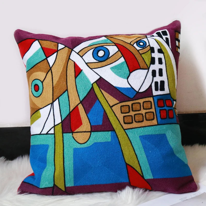 taies d'oreiller multicolores brodées motif abstrait moderne coussin décoratif carré linge coton 45x45cm