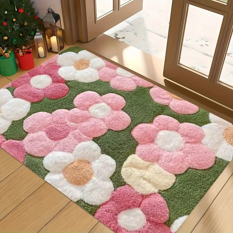 tapis fleurs relief moderne vert rose blanc salle bain entrée non glissant machine lavable