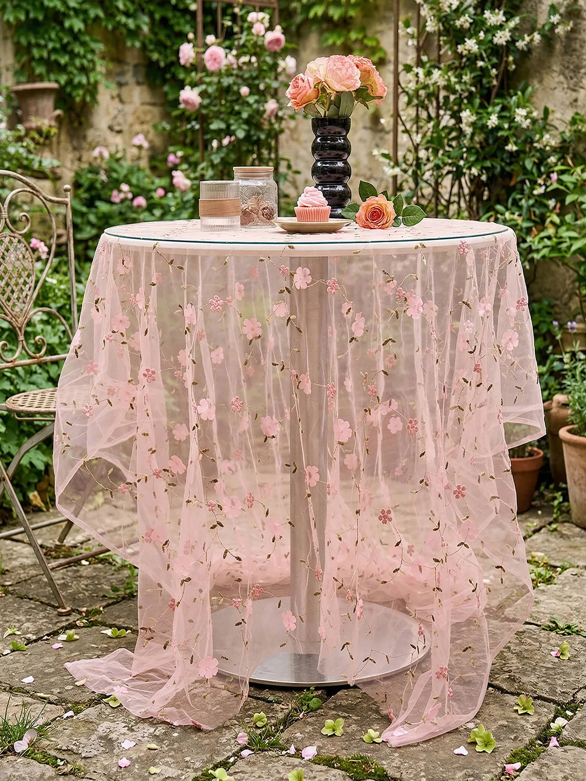 nappe table moderne rose fleurs jacquard translucide décoration romantique maison cuisine lavable machine