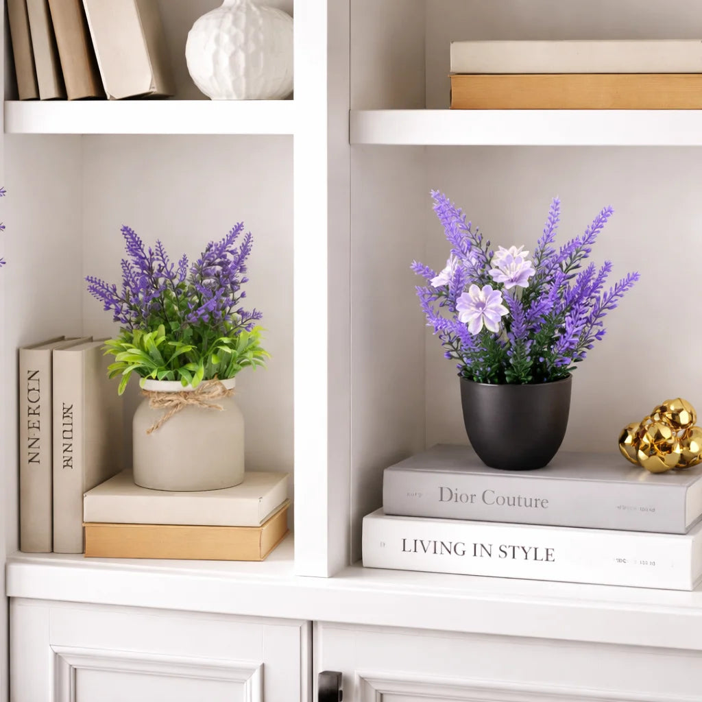 décoration intérieure plante artificielle lavande violette feuilles fleurs ruban vase gris noir rustic