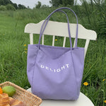 sac main toile réutilisable polyvalent lettre DELIGHT blanc jaune vert violet poche téléphone