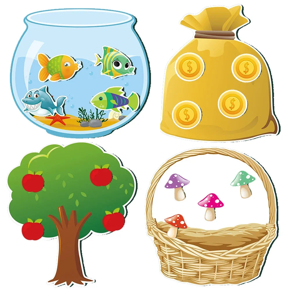 stickers poissons colorés sac argent texture toile arbre feuilles panier tissage fruits réalistes cartoon