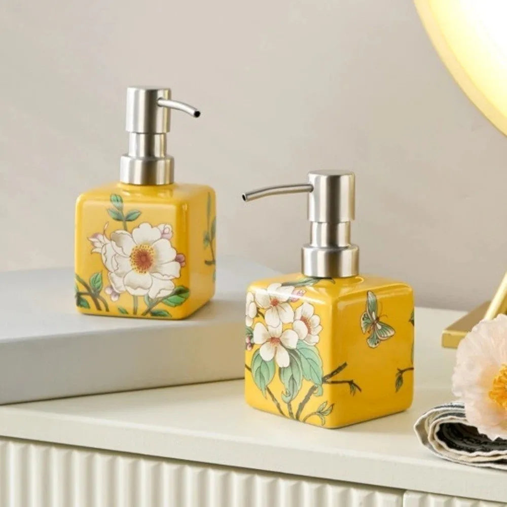distributeur savon liquide fleurs papillon bleu jaune rose étanche rechargeable classique floral maison