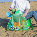 sac plage enfant orange vert bleu noir poisson transparent pelle seau jouet