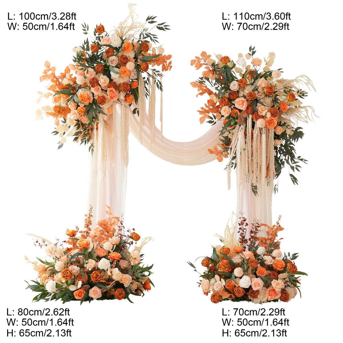 arche décorative boho chic fleurs artificielles orange feuilles vertes franges blanches extérieur mariage anniversaireévénement