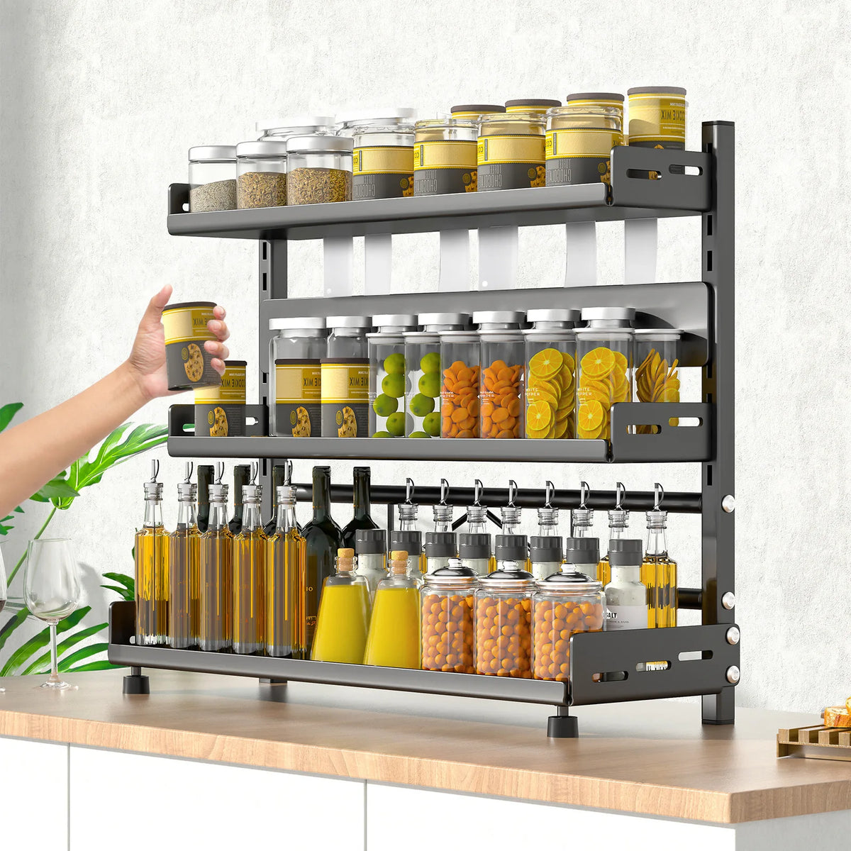 organisateur cuisine étagère métal noir minimaliste rangement épices bouteilles haute ajustable pieds stabilisateurs modernes