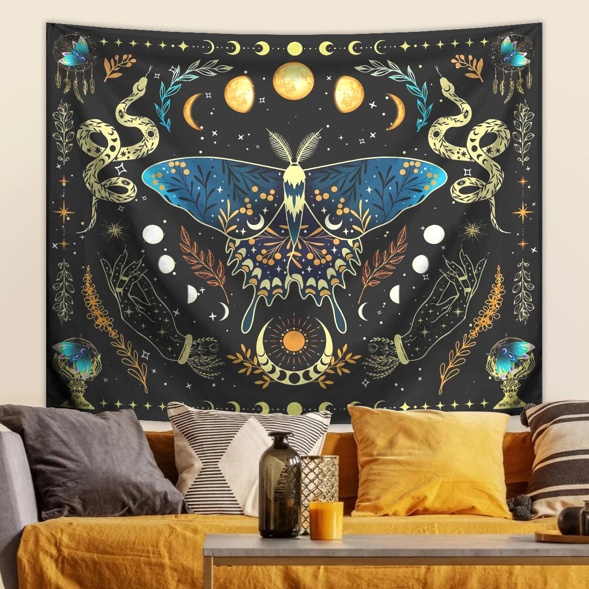 tapisserie plante motif papillon serpent lune étoile noir bleu doré blanc fantaisie clips