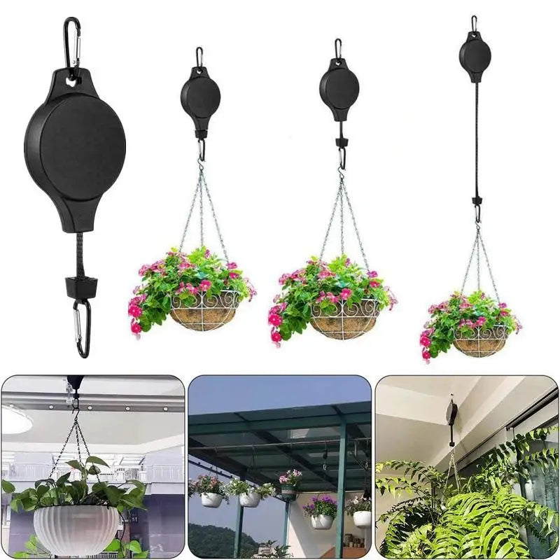 suspension rétractable crochet poulie panier fleur pot jardin distributeur poules noir blanc