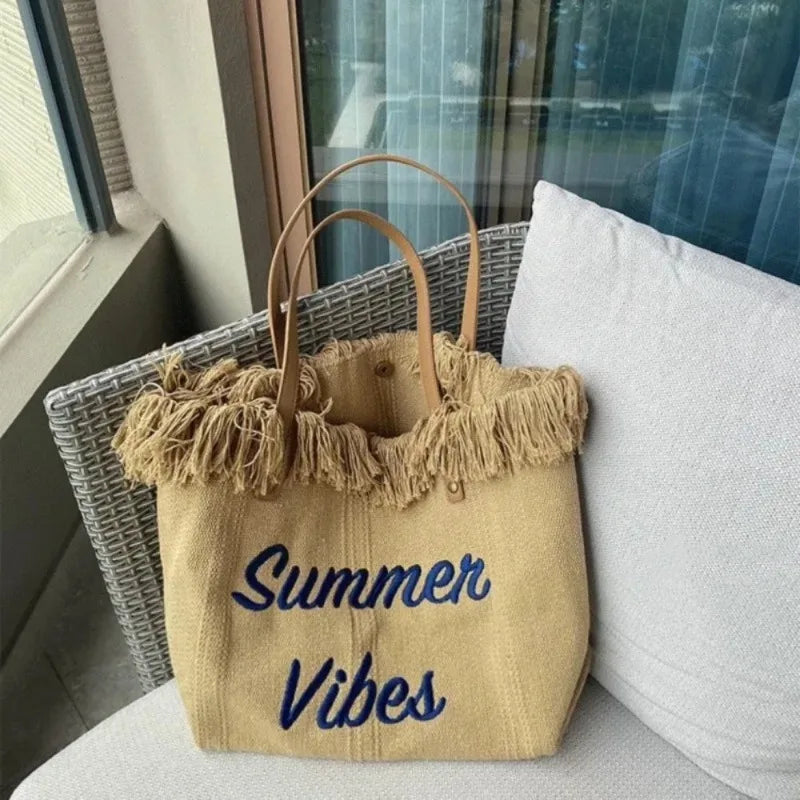 sac plage toile réutilisable pliable boho chic poignées cuir multiple usage femmes pique nique