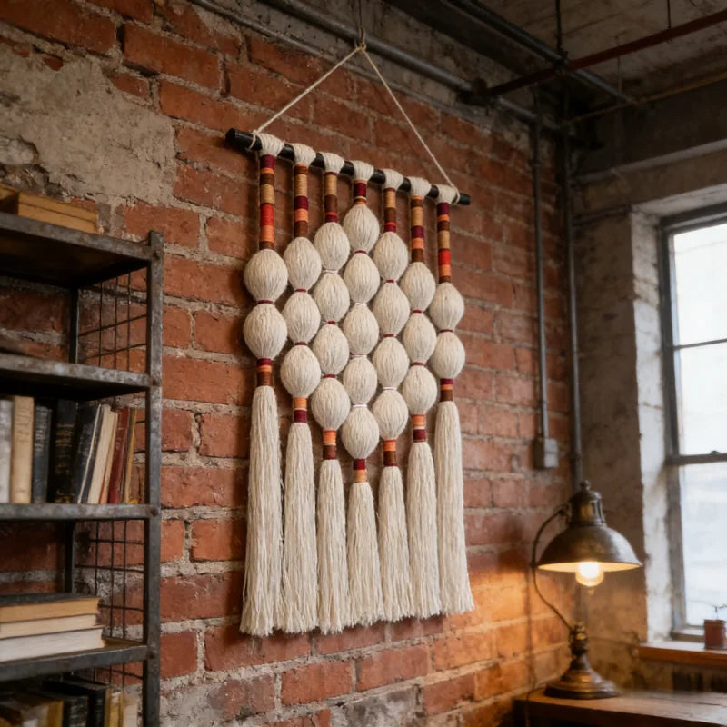 tapisserie macramé boho chic blanc marron rouge orange boules entrelacées franges crochet