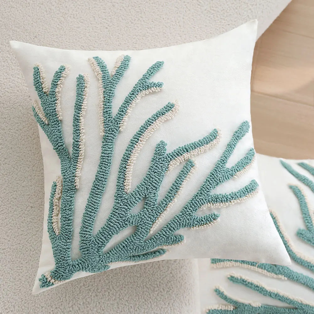 housse coussin carrée marin motif corail bleu 100% polyester blanc decoratif maison lit chaise