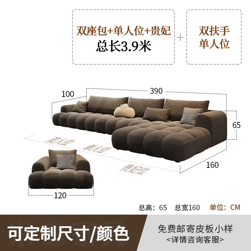 canapé moderne marron clair velours forme 300cm salon bois minimaliste coussins cœur