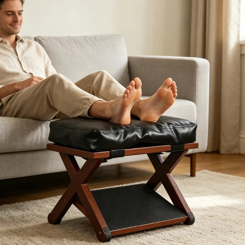 repose pieds moderne cuir synthétique texturé bois lisse noir marron salon chambre coucher