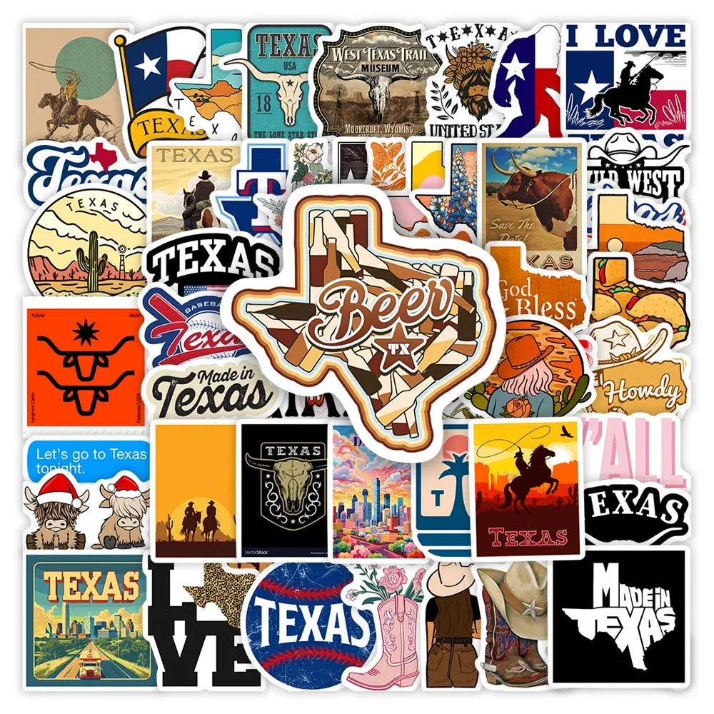 autocollants étanches vinyle thème texas drapeau cowboys paysages adhésifs opaques modernes variés multicolores adultes