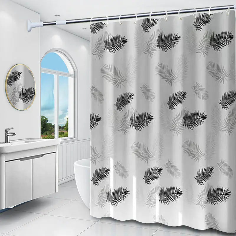 rideau douche moderne feuilles palmier blanc gris noir translucide 240cm anneaux