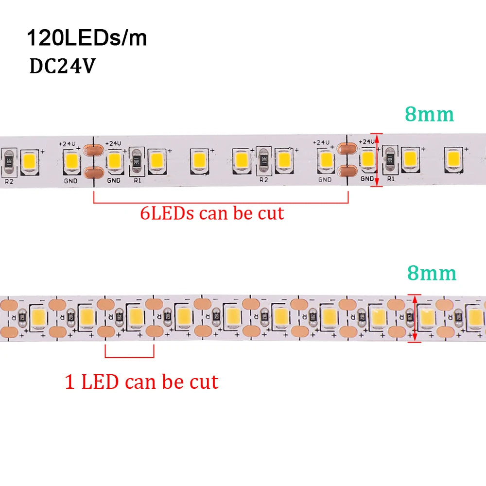 ruban led blanc 2700k 6500k 120leds adhésif moderne 24v 50000h non étanche 10m