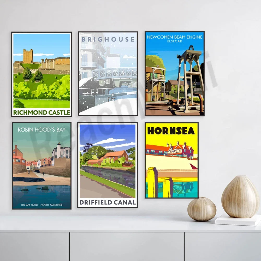 Une collection d'affiches de voyage stylisées mettant en scène des sites emblématiques du Royaume-Uni, tels que le château de Richmond, le canal de Driffield et la ville de Hornsea, offrant une représentation graphique attrayante de ces destinations.