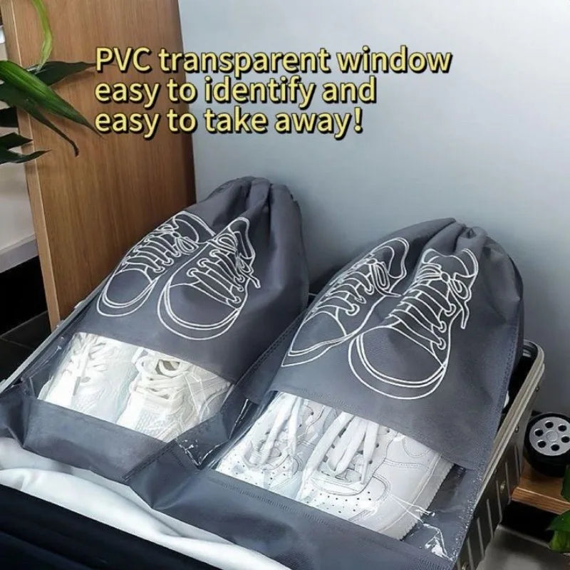 sac rangement chaussures gris non tissé fenêtre transparente cordon serrage