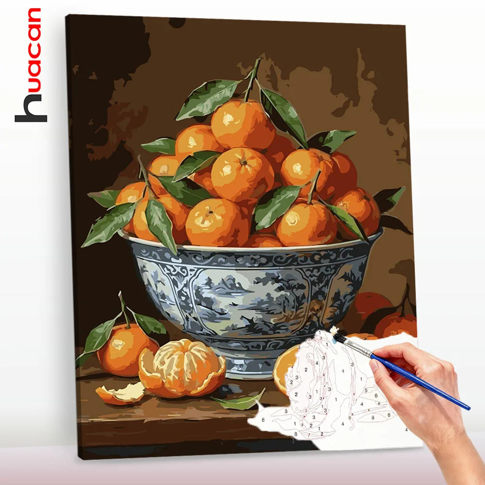 tableau peindre diy toile peinture huile oranges feuilles bol décoratif guide pinceaux nouveau peintre