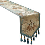 nappe décoration florale élégante beige bleu turquois bordure glands pomponsFRINGES