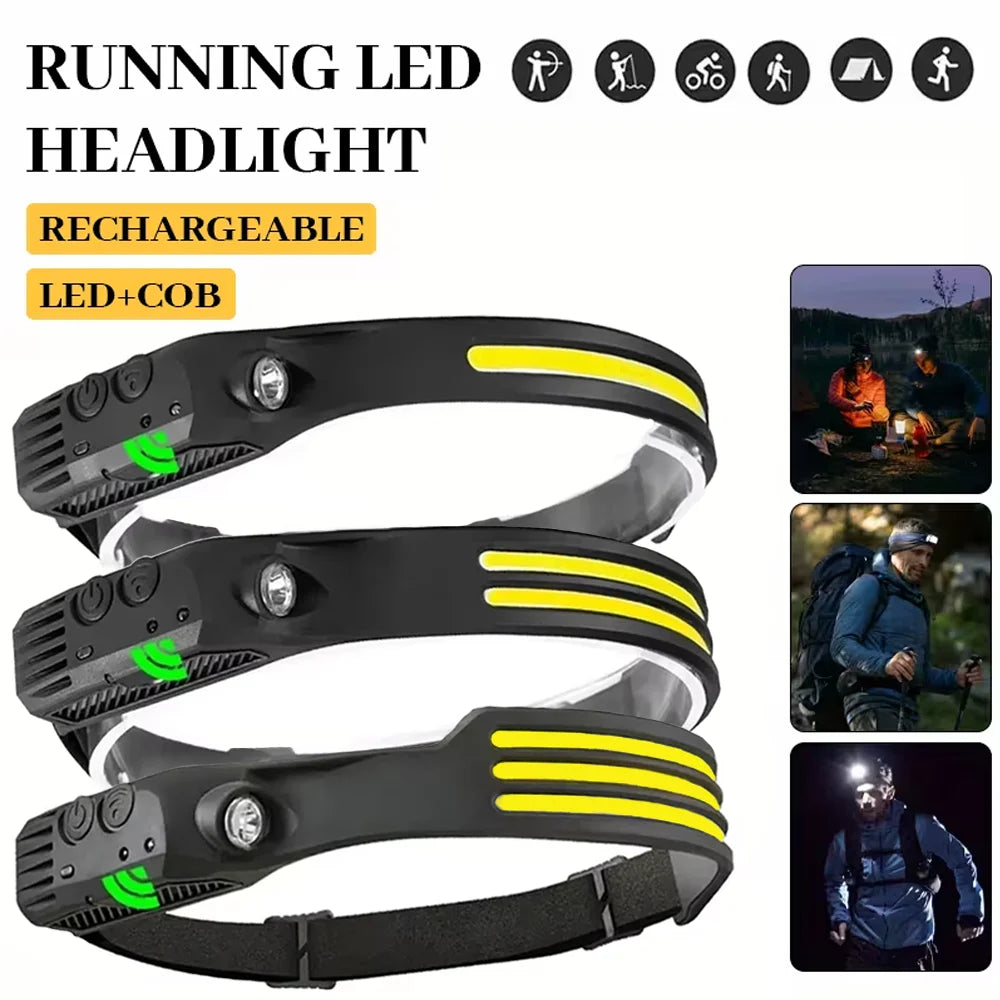 lampe frontale led rechargeable noire rayures jaunes ipx4 waterproof large angle 230 degrés distance