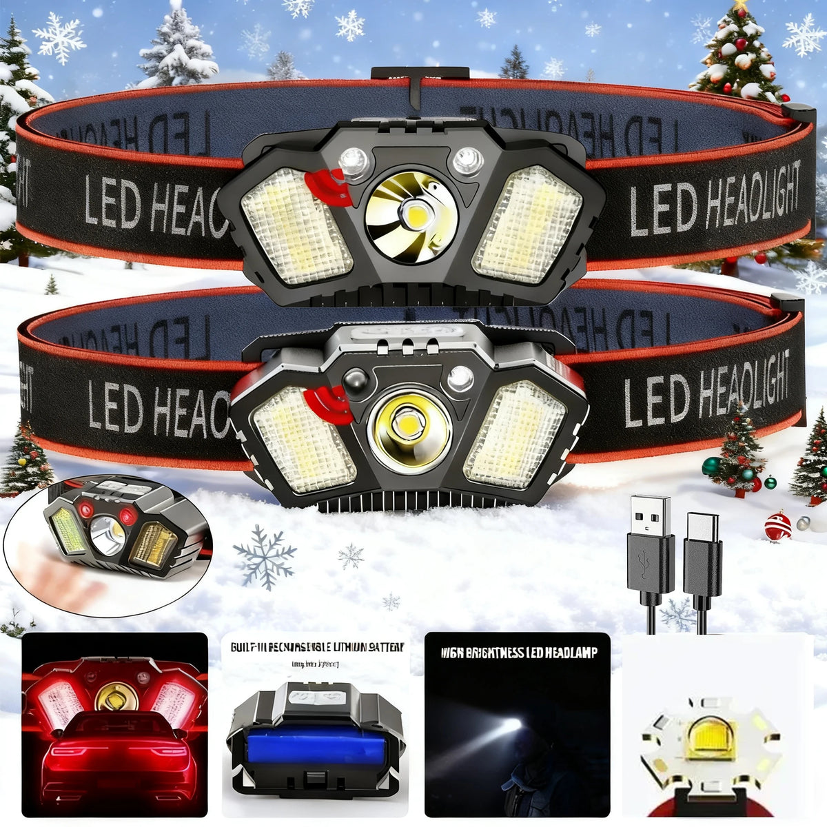 lampe frontale led rechargeable pêche camping randonnée noir orange gris textile métallique moderne fonctionnelle