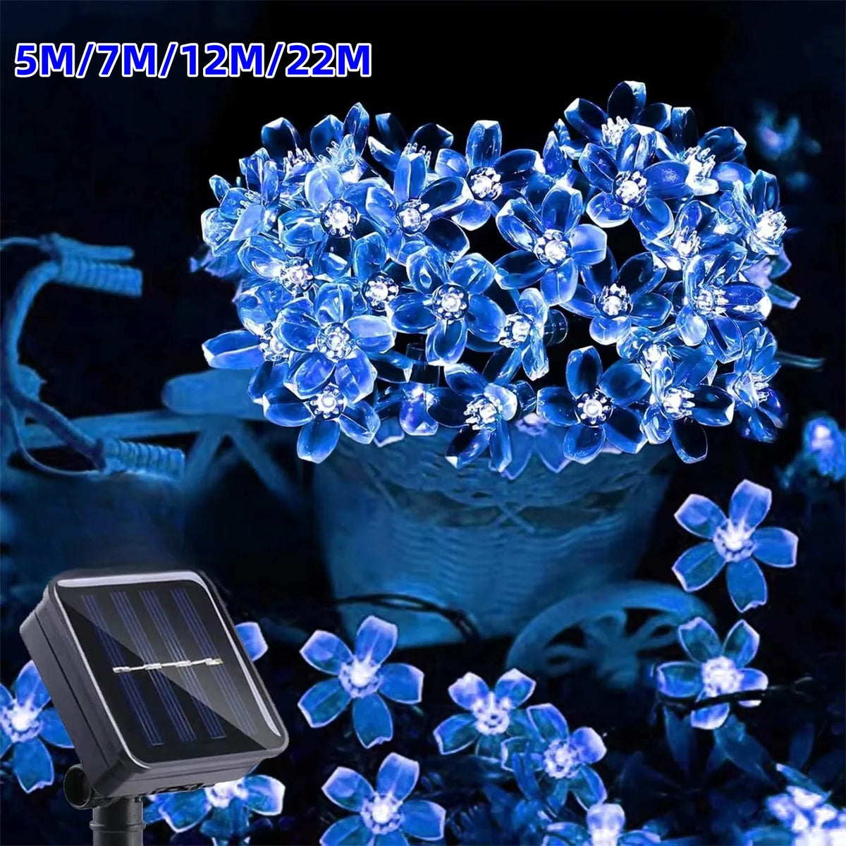 guirlande lumineuse solaire bleu clair fleurs modernes 20m 200leds jardin