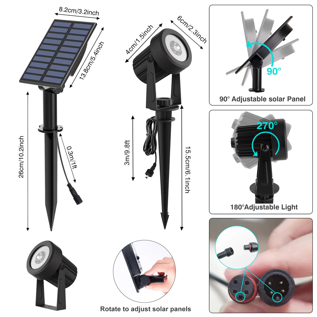 projecteur solaire led moderne noir ip65 résistant autoinstallation 2modes luminosité