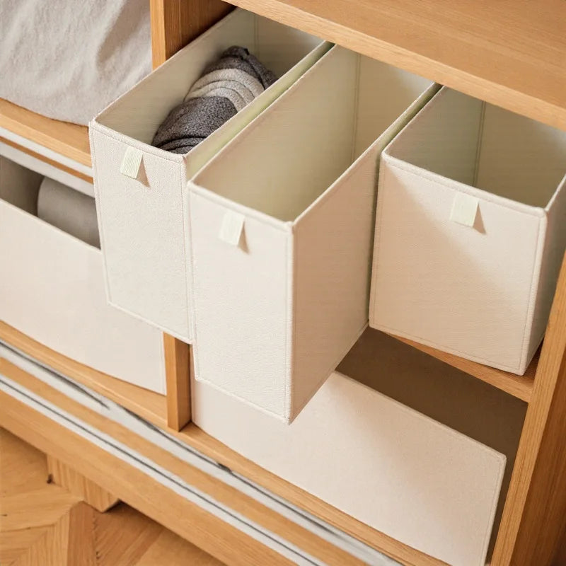boîtes rangement tissu beige moderne opaques étroites longues sous lit chambre salon buanderie