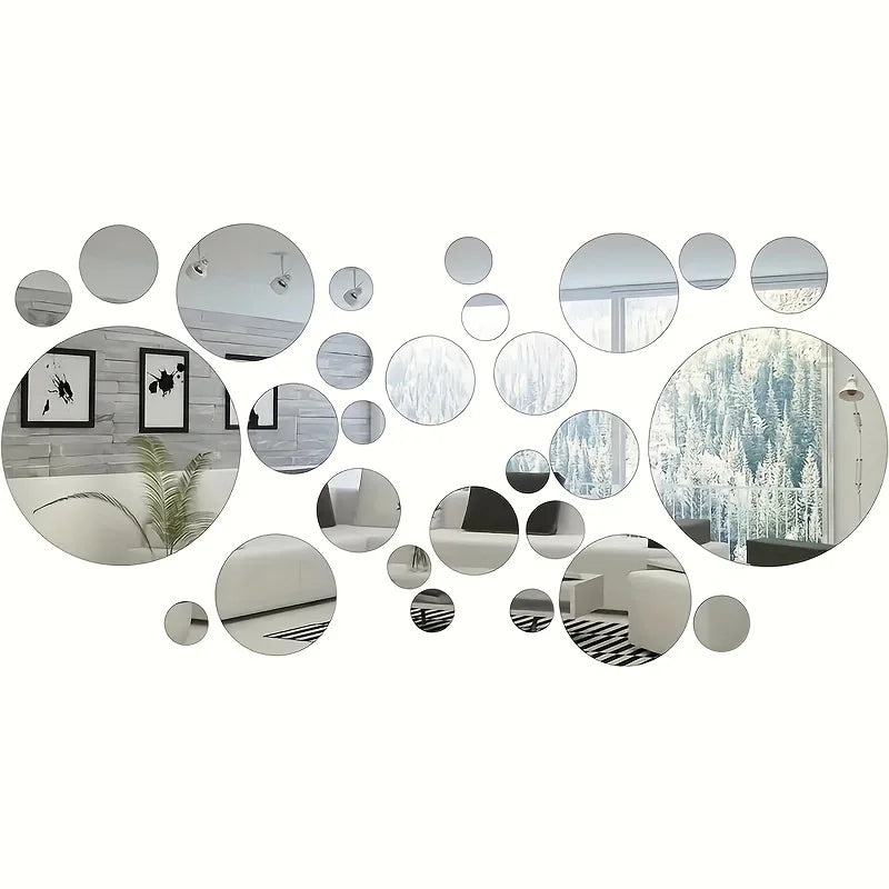 miroirs muraux modernes argentés adhésifs diverses tailles circulaires décoration chambre cuisine salle bain